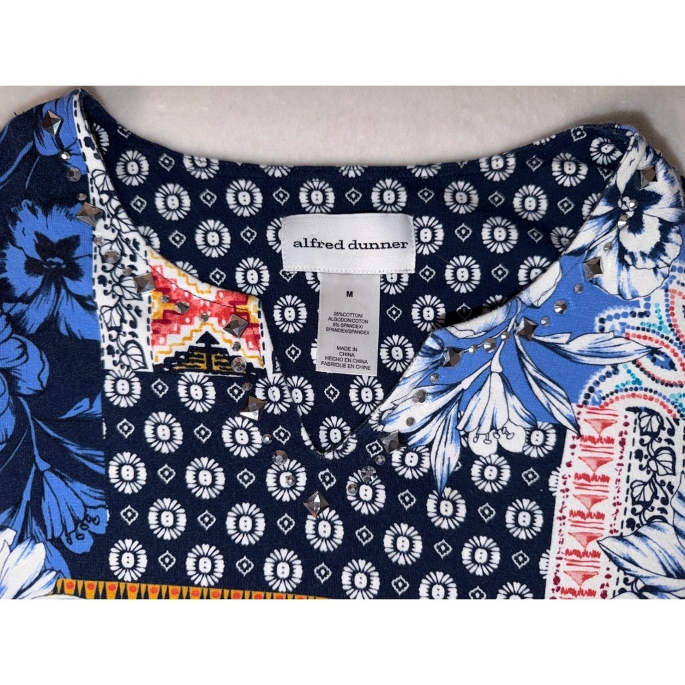 Alfred Dunner Womens Blue Patchwork Floral Studded Split Neck Top Size M - Picture 4 of 7